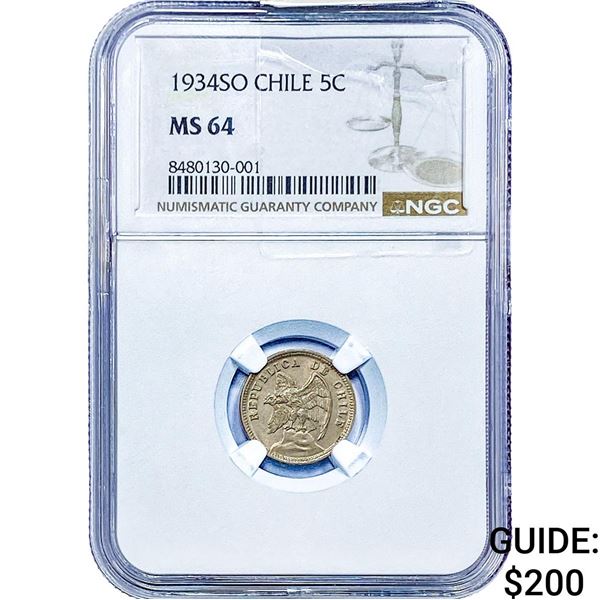 1934-SO Chile 5 Centavos NGC MS64