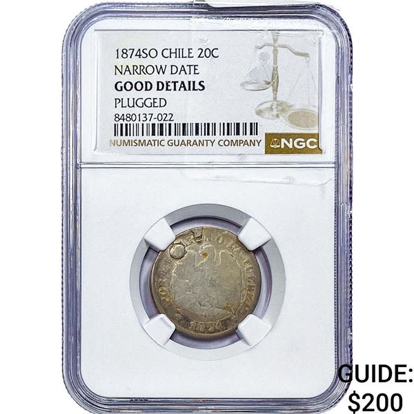 1874 Chile Silver 20 Cent NGC G Details