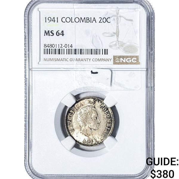 1941 Colombia Silver 20 Centavos NGC MS64