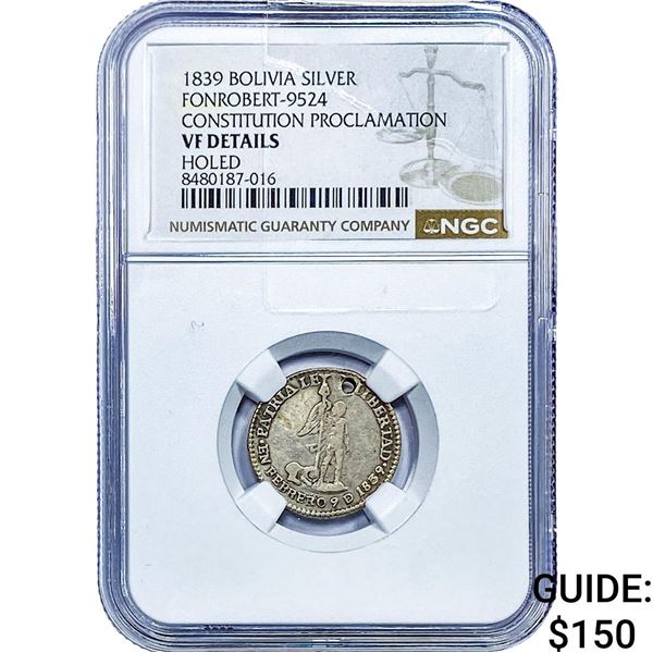 1839 Bolivia Silver Constitution Medal NGC VF Details