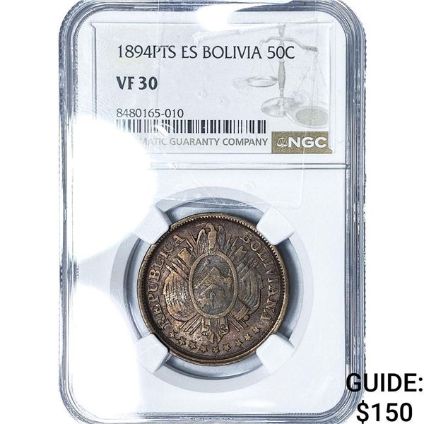 1894-PTS Bolivia Silver 50 Centavos NGC VF30