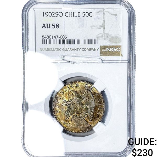 1902-SO Costa Rica Silver 50 Centavos NGC AU58