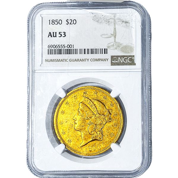 1850 $20 Gold Double Eagle NGC AU53