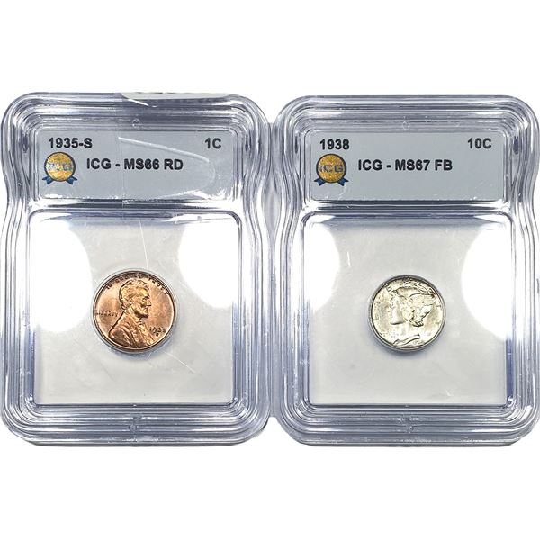 [2] 1935-1938 Mercury Dime & Wheat Penny Lot ICG