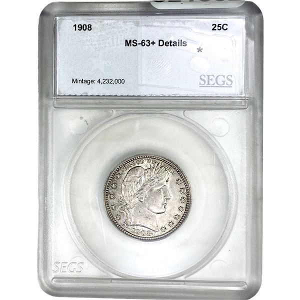 1908 Barber Quarter SEGS MS63+ Details