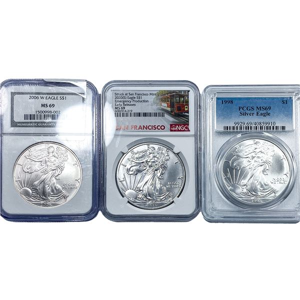 [3] 2006-W, 2020-S, 1998 Silver Eagle PCGS/NGC MS69