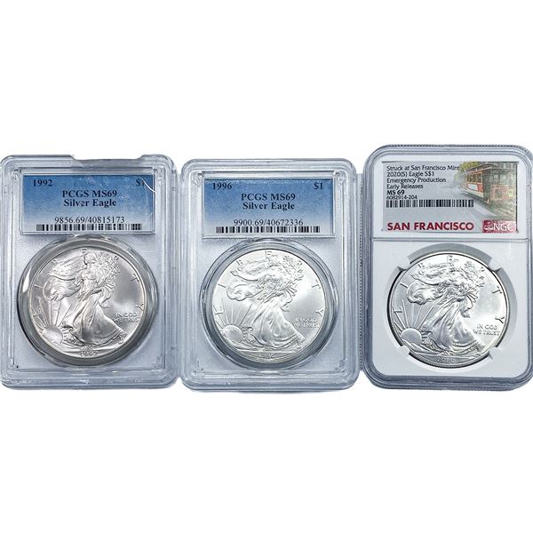 [3] 1992, 1996,2020-S Silver Eagle PCGS/NGC MS69