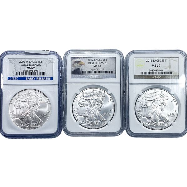 [3] 2007-W, 2012, 2015 Silver Eagle NGC MS69