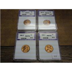 4 Slabs: 1954-D, 55-S, 56-D & 57-D Lincoln's (UNC)
