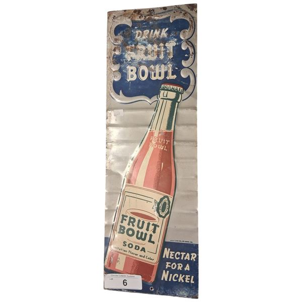 Vintage Fruit Bowl Soda embossed tin sign, Marked, "Stout Sign Co, St Louis Mo 19.5"x7"