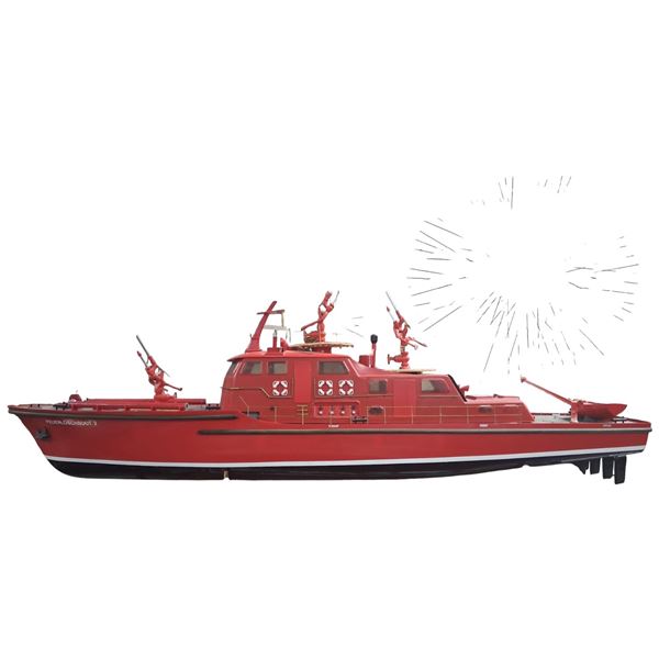 Beautifully displayed model fire boat with stand, 45"