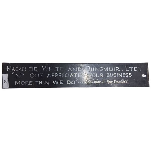 Vintage porcelain MacKenzie, White & Dunsmuir sign 29"x5"