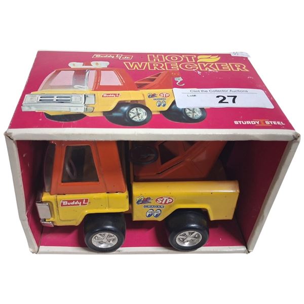 Vintage pressed steel Buddy L tow truck, in box, box is 7"