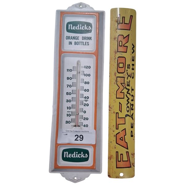 Vintage Nedicks Soda thermometer 12" & metal Eat More advertising ruler 12.5"