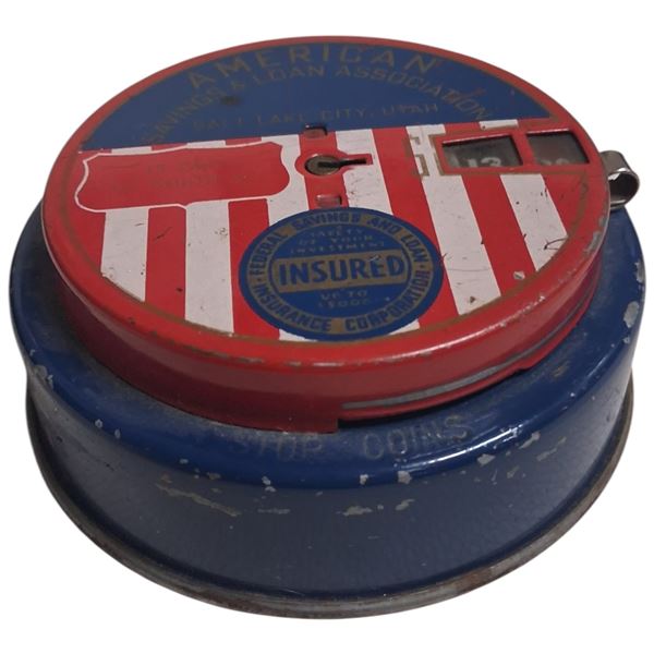 Vintage American Savings & Loan Ass. Mechanical coin bank 4" dia