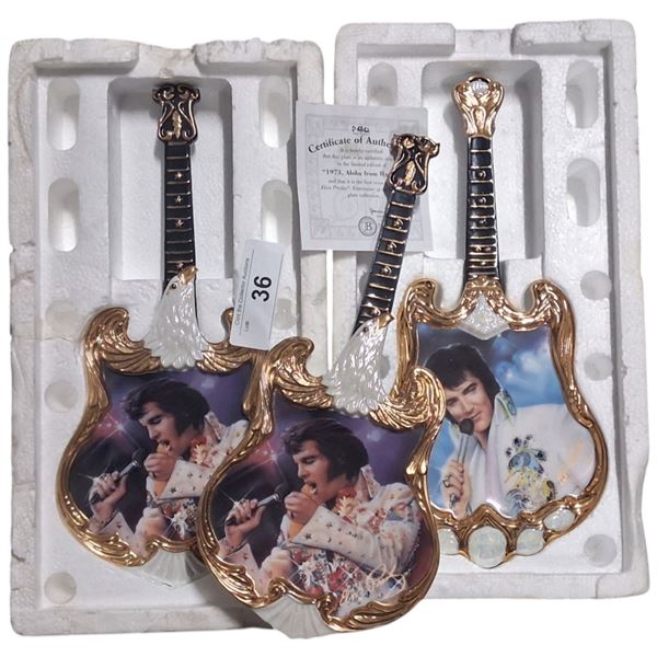 3 brand new collectable Elvis Presley guitar plates, porcelain 12" long with COA