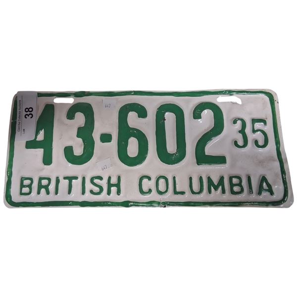 1935 BC license plate, paint touched up