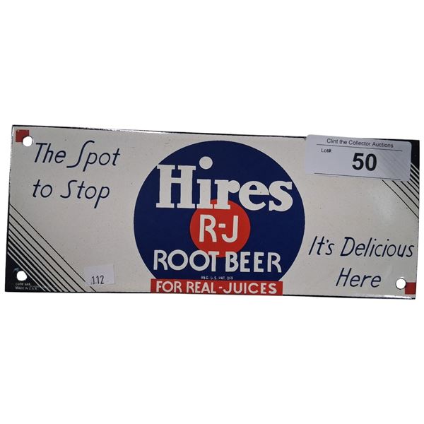 Vintage porcelain Hires Rootbeer palm press, made in USA 10"X4"
