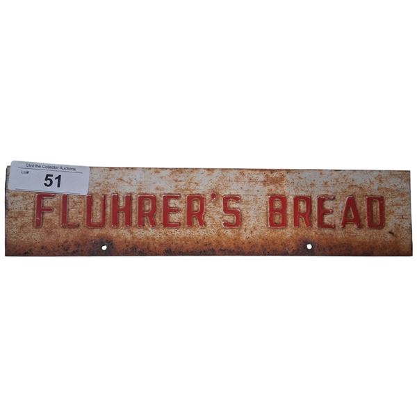 Original 1950s embossed steel Fluhrer's Bread sign 14"x3"