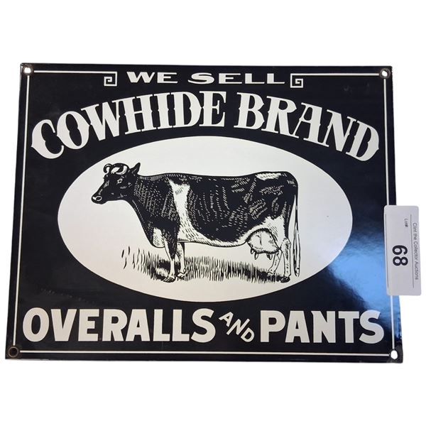 Vintage Porcelain Cowhide overalls sign 11.5"x9"