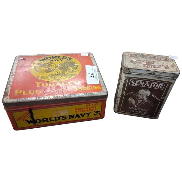 World Navy Tobacco 3 lb tin and Senator tobacco tin