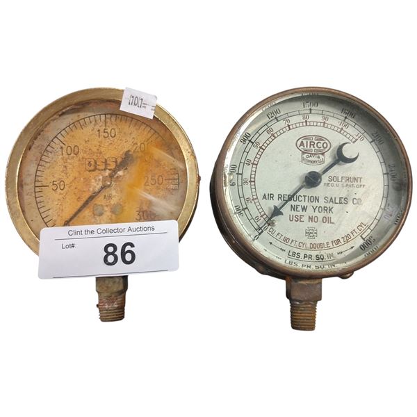 2 industrial pressure gauges, brass housing 4" dia ea