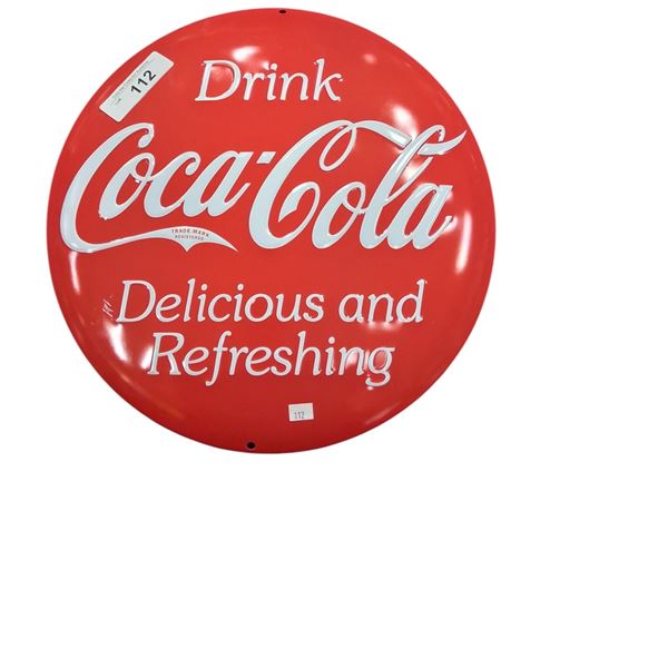 Mint condition Coca-Cola button sign 14" dia