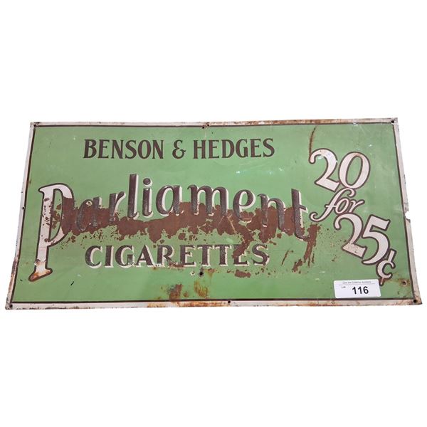 Original Benson and Hedges 20 for 25 cents tin sign 24"x12"