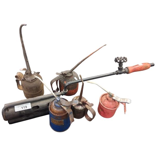 5 vintage hand oilers and blow torch