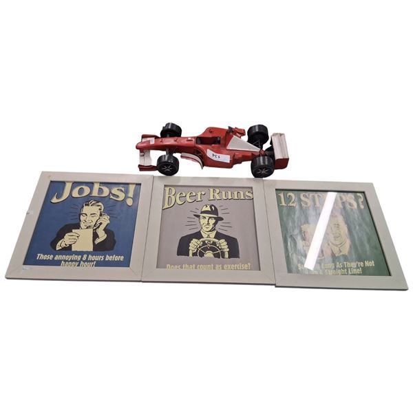 Tin decorator F1 race car 17" plus 3 framed posters