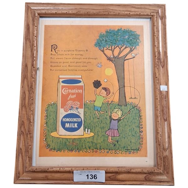 Vintage framed Carnation ad 17"x13.5"