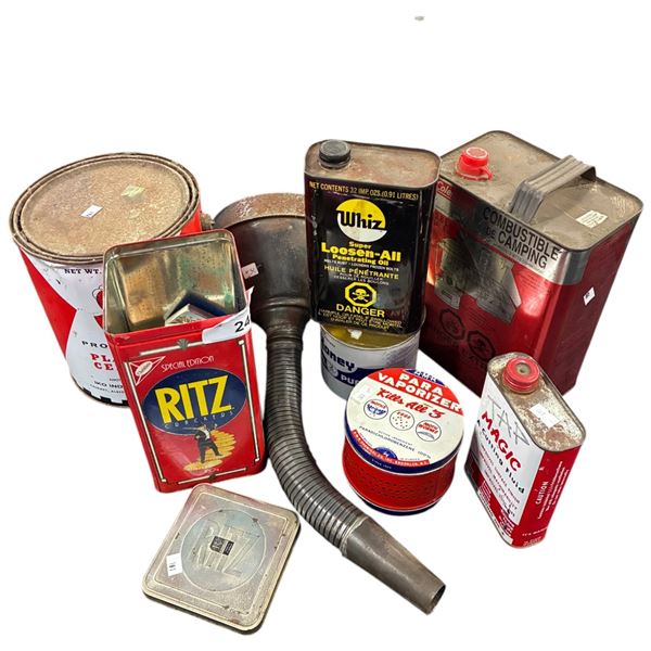 Approx 7 vintage tins and oil funnel, and match collection