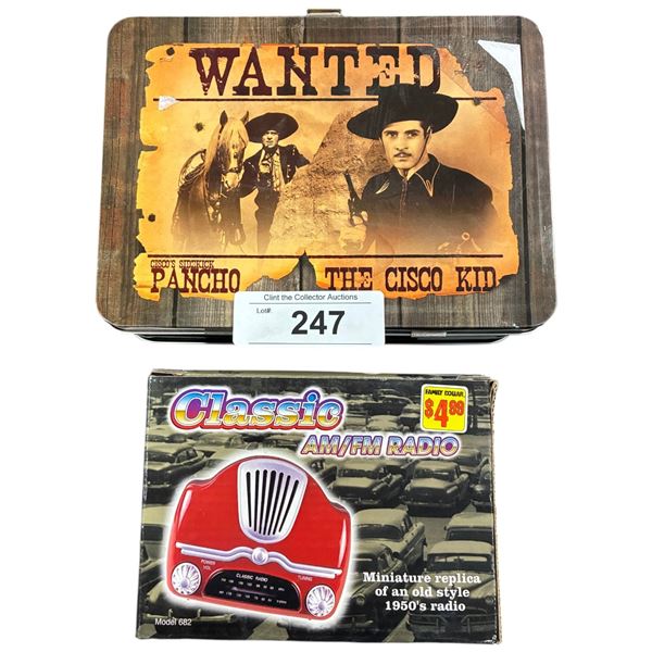 Western themed lunch box & 1950s mini replica car radio
