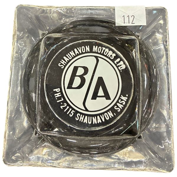 Vintage B/A Shaunavon Motors LTD glass ashtray, 3.5"