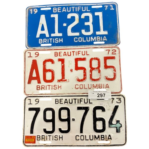 3 vintage BC license plates