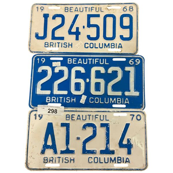 3 vintage BC license plates