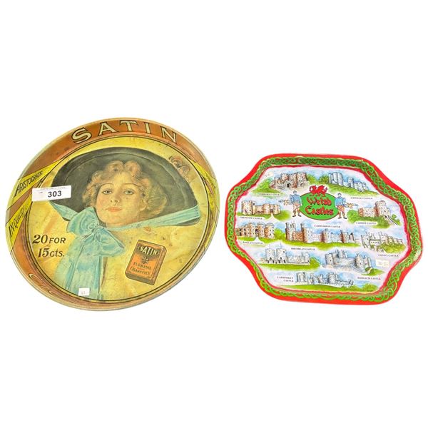 2 vintage tin serving trays, largest 14" dia