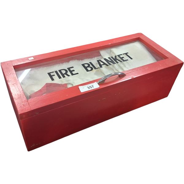 Vintage race track fire blanket in original wooden box with glass door 25"