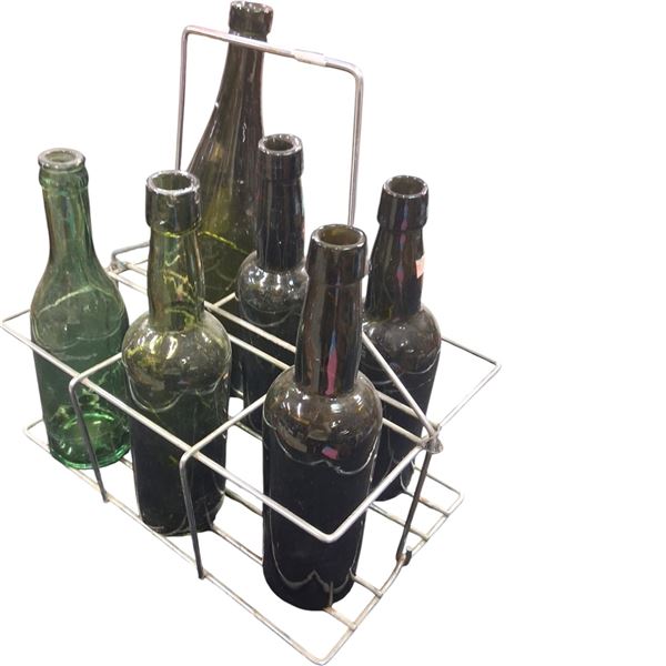 Vintage glass bottles in rack