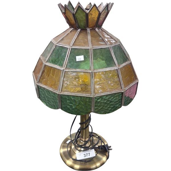 Large vintage table lamp with stained glass shade, very heavy, 20" tall