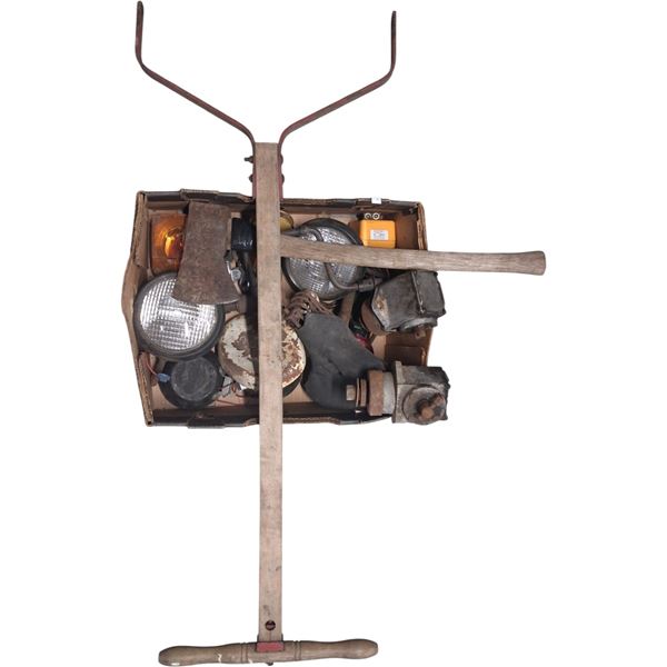 Large collection of tools inc motorcycle stand, saw, etc