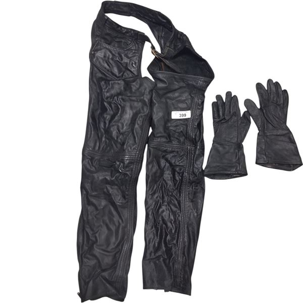 Leather motorcycle chaps and leather gloves