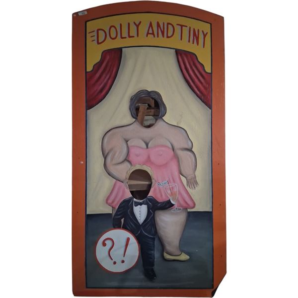 Large carnival painted "Dolly & Tiny" by Kevin House, hand painted on plywood 90.5"x48"