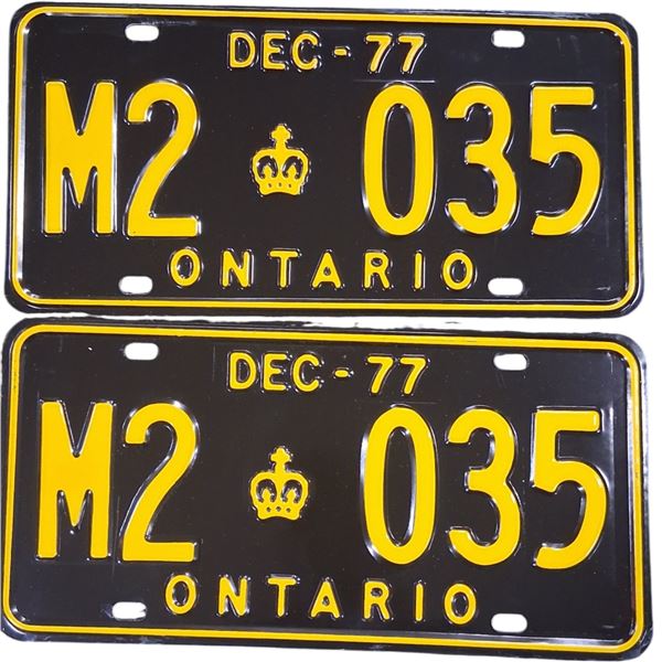 Match pair of mint condition 1977 Ontario Plates