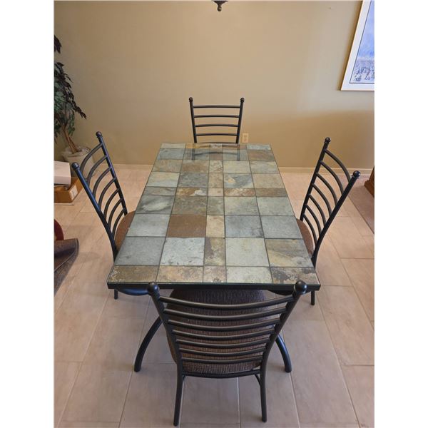 Metal Dining Table With Glass and Tile Top and Four Ladder-Back Chairs