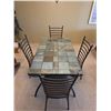 Image 1 : Metal Dining Table With Glass and Tile Top and Four Ladder-Back Chairs