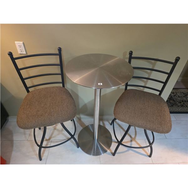 2 Metal Bar Stools With Brown Upholstered Seats and Round Stainless Bar Table