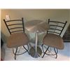 Image 1 : 2 Metal Bar Stools With Brown Upholstered Seats and Round Stainless Bar Table