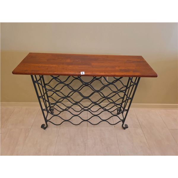 Wood and Metal Wine Rack Table 42" W x 13" D x 30" H with Hanging Glass Rack and Wine Glasses