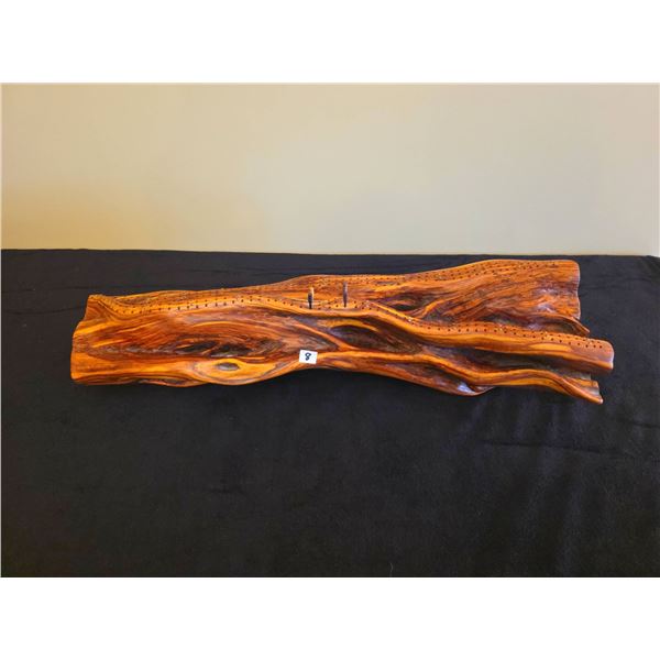Handcrafted Wooden Cribbage Board by W.O. Brown, Signed, 31" x 7" x 8", and Chess Game w/ Bag